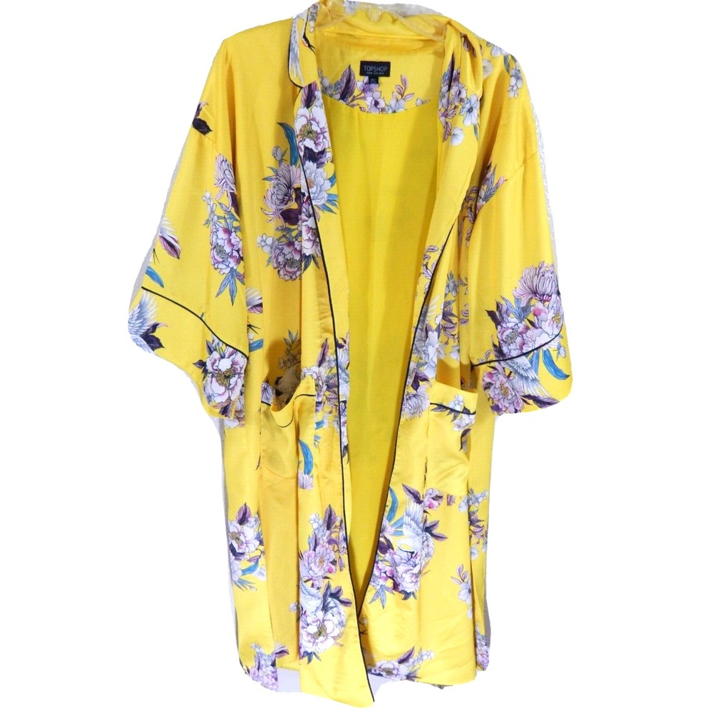 Topshop Kimono Jacket Long Heron Floral Print Satin Yellow